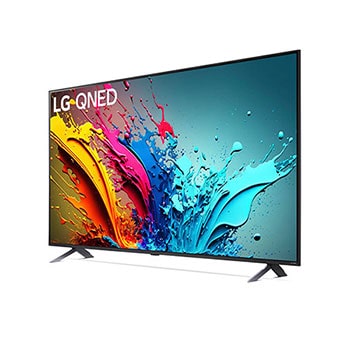 LG QNED MiniLED AI QNED85 4K Smart Fernseher aus einer stärker angewinkelten vorderen rechten Perspektive, zeigt Bildschirm und zentralen Standfuß.