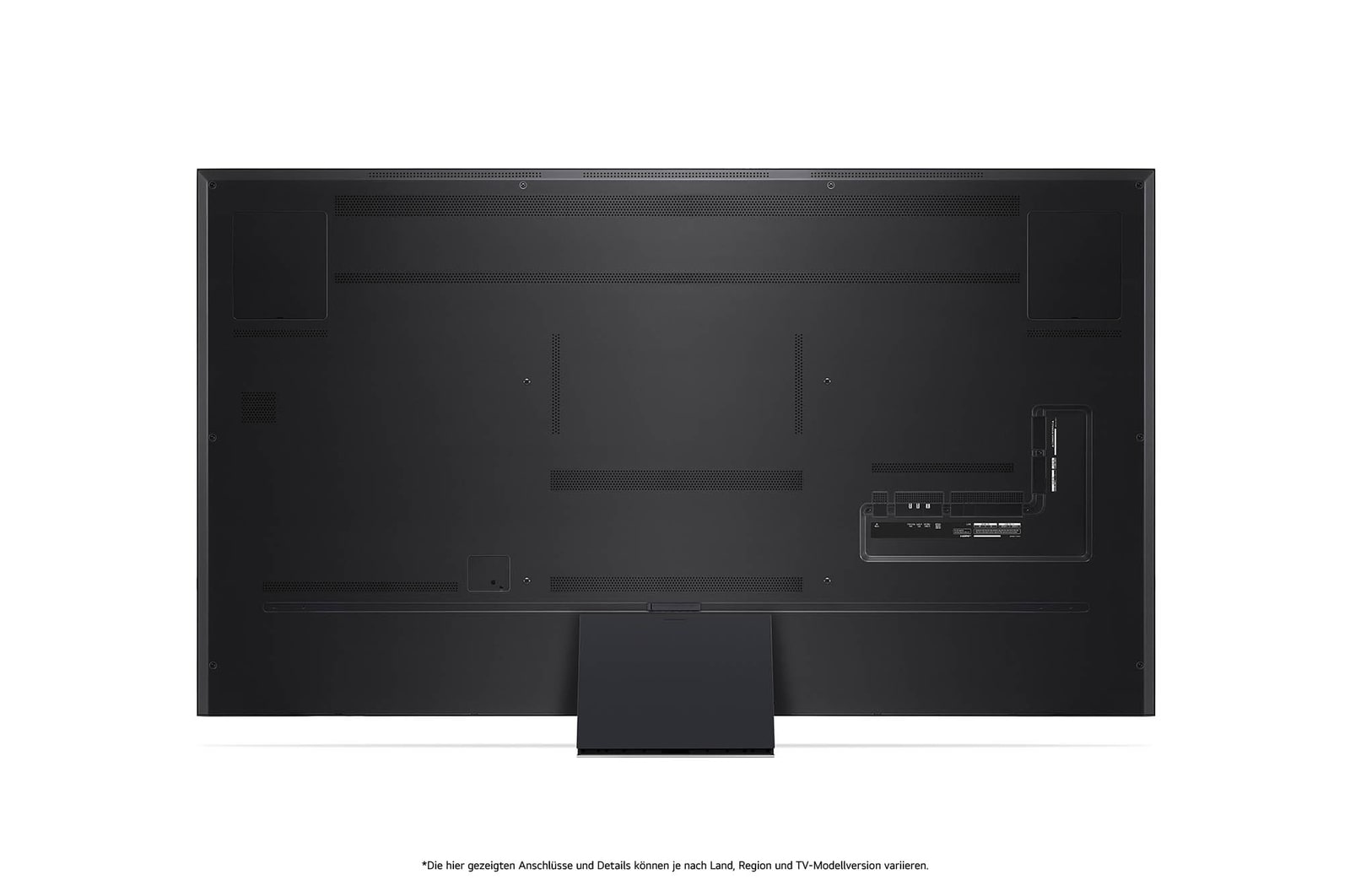 Rückansicht des LG QNED99 AI 8K Smart Fernsehers, zeigt das Design der Rückseite, die Standfußstruktur und den Bereich der Anschlüsse.