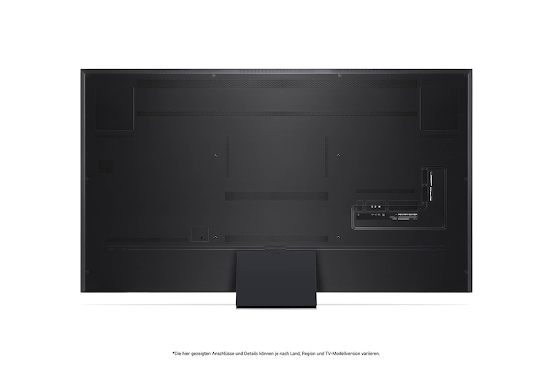 Rückansicht des LG QNED99 AI 8K Smart Fernsehers, zeigt das Design der Rückseite, die Standfußstruktur und den Bereich der Anschlüsse.