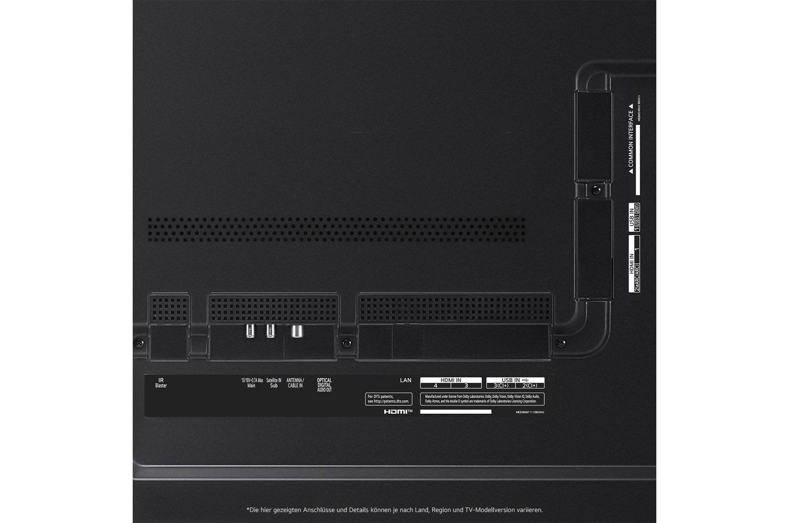 Nahaufnahme der Anschlüsse des LG QNED99 AI 8K Smart Fernsehers, einschließlich HDMI, USB, Antenne, CI-Slot und LAN.