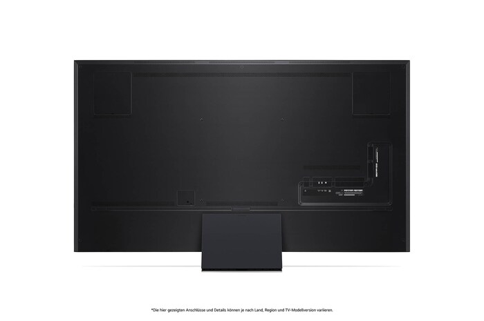 Rückansicht des LG QNED99 AI 8K Smart Fernsehers, zeigt das Design der Rückseite, die Standfußstruktur und den Bereich der Anschlüsse.
