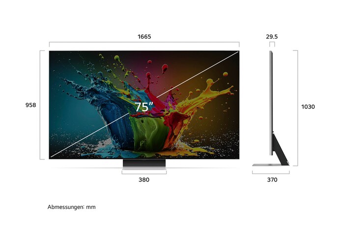 Abmessungen des 75-Zoll LG QNED99 AI 8K Smart Fernsehers, zeigt Breite, Höhe, Tiefe und Standfußmaße in mm.