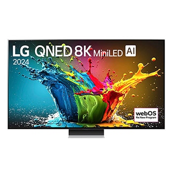 Vorderansicht des LG QNED99 AI 8K Smart Fernsehers (Modell 2024) mit lebendiger abstrakter Kunst und webOS Re:New Program-Logo.