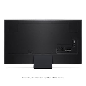 Rückansicht des LG QNED99 AI 8K Smart Fernsehers, zeigt das Design der Rückseite, die Standfußstruktur und den Bereich der Anschlüsse.