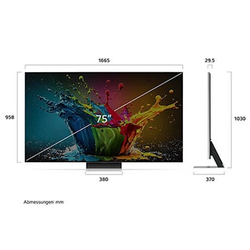 Abmessungen des 75-Zoll LG QNED99 AI 8K Smart Fernsehers, zeigt Breite, Höhe, Tiefe und Standfußmaße in mm.