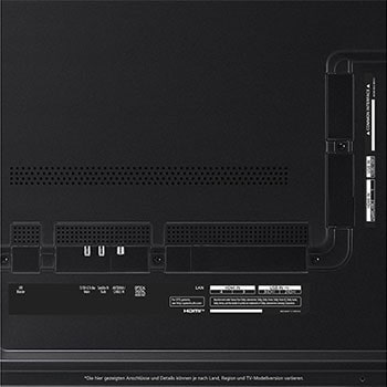 Nahaufnahme der Anschlüsse des LG QNED99 AI 8K Smart Fernsehers, einschließlich HDMI, USB, Antenne, CI-Slot und LAN.