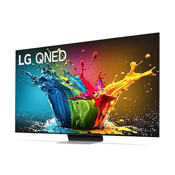 LG QNED99 AI 8K Smart Fernseher aus einer vorderen rechten Perspektive betrachtet, zeigt lebendige Farben auf dem Bildschirm und den Standfuß.