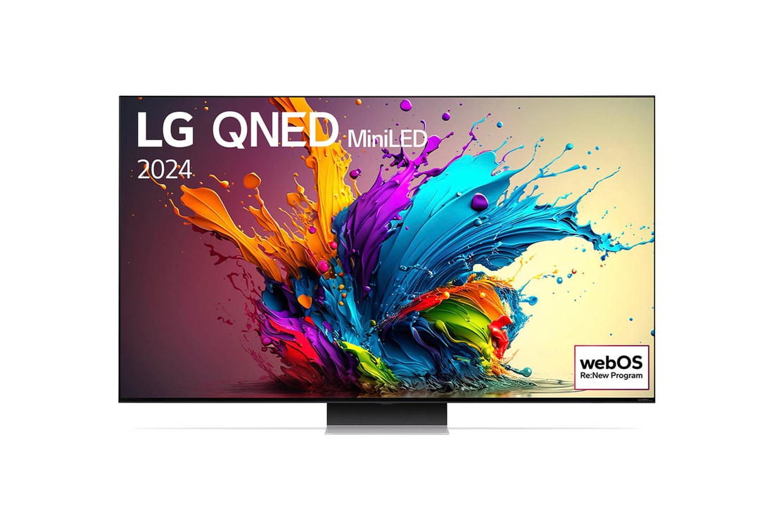 Vorderansicht des LG QNED MiniLED AI QNED91 4K Smart Fernsehers (Modell 2024) mit lebendiger abstrakter Kunst auf dem Bildschirm.