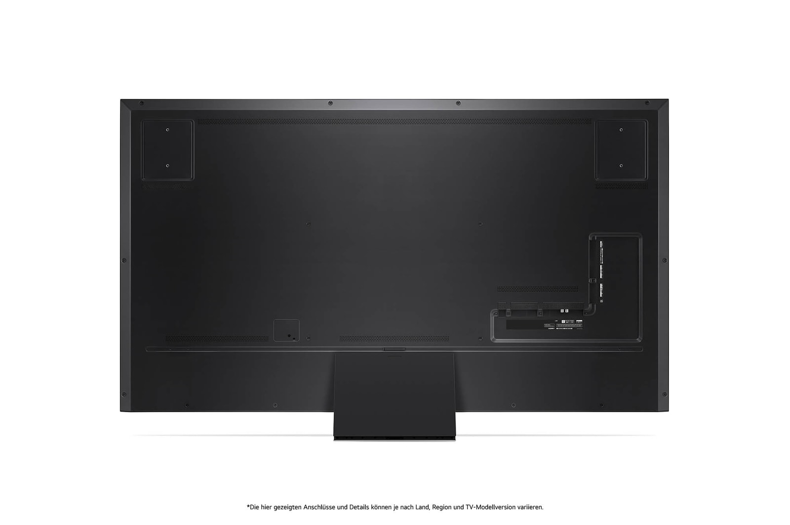 Rückansicht des LG QNED MiniLED AI QNED91 4K Smart Fernsehers, zeigt das Design der Rückseite, Anschlüsse und die zentrale Standfußverbindung.