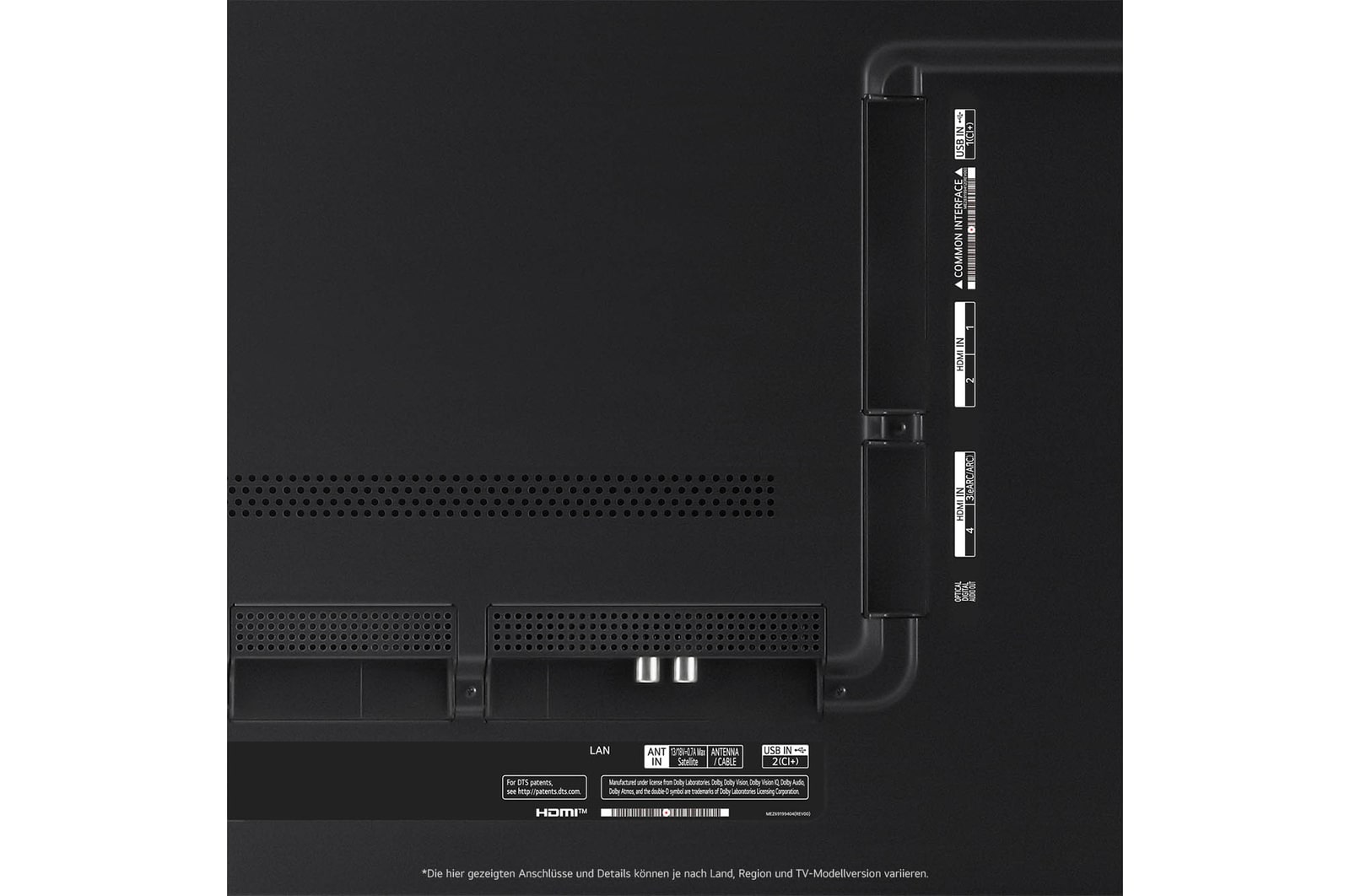 Nahaufnahme der Anschlüsse des LG QNED MiniLED AI QNED91 4K Smart Fernsehers, einschließlich Zugang zu HDMI, USB und Antenne.