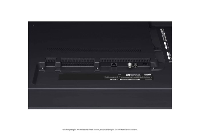 Nahaufnahme der nach unten gerichteten Anschlüsse (Optisch, LAN, Antenne) auf der Rückseite des LG QNED MiniLED AI QNED91 4K Smart Fernsehers.