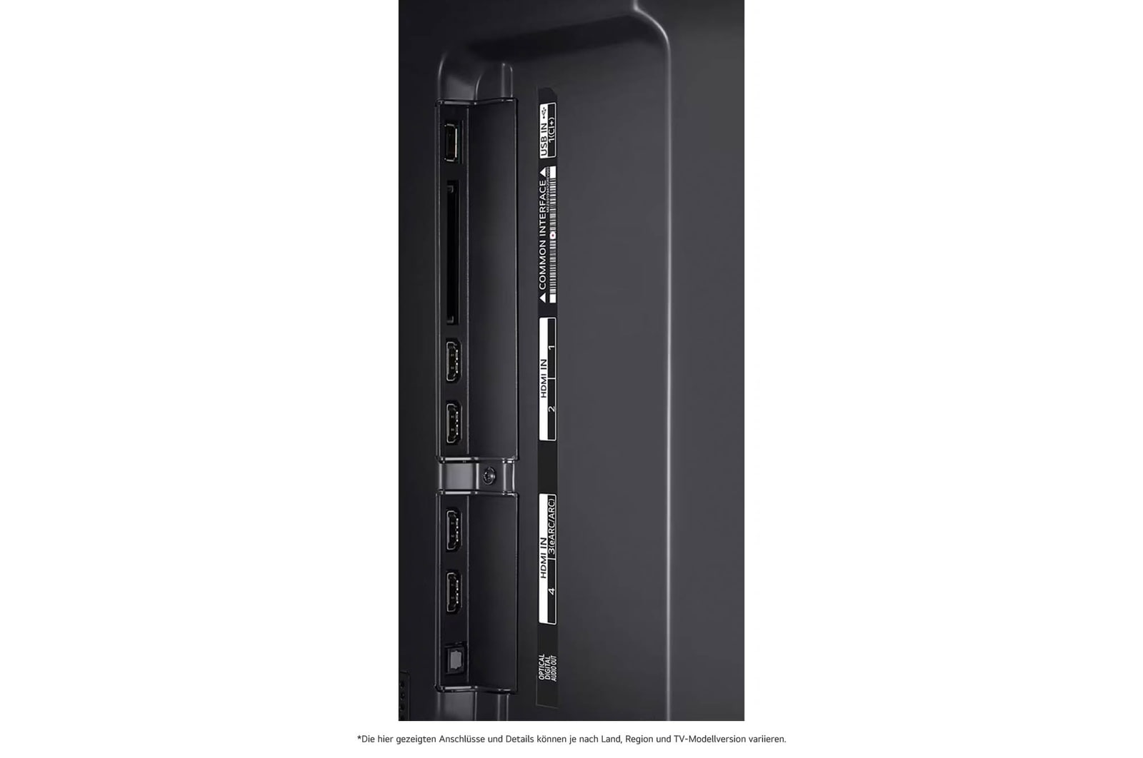 Detaillierte Nahaufnahme der seitlichen Anschlüsse des LG QNED MiniLED AI QNED91 4K Smart Fernsehers, zeigt HDMI 1-4 und CI-Slot.