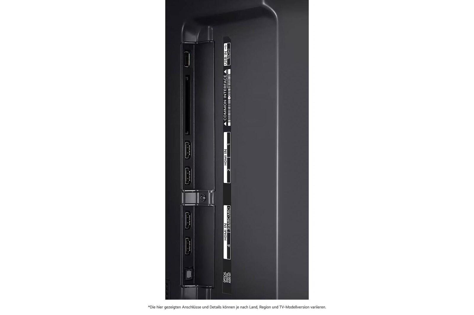 Detaillierte Nahaufnahme der seitlichen Anschlüsse des LG QNED MiniLED AI QNED91 4K Smart Fernsehers, zeigt HDMI 1-4 und CI-Slot.