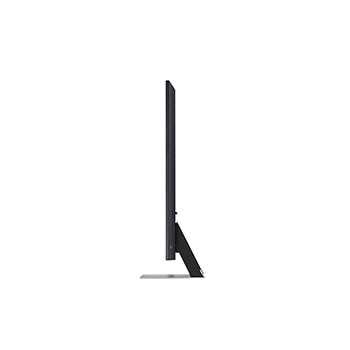 Linke Seitenprofilansicht des LG QNED MiniLED AI QNED91 4K Smart Fernsehers, die sein schlankes Design und die Form des zentralen Standfußes hervorhebt.