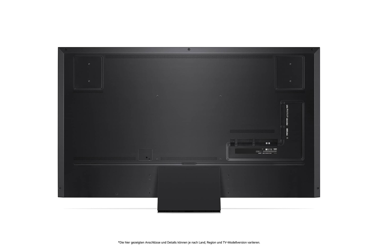 Rückansicht des LG QNED MiniLED AI QNED91 4K Smart Fernsehers, zeigt das Design der Rückseite, Anschlüsse und die zentrale Standfußverbindung.