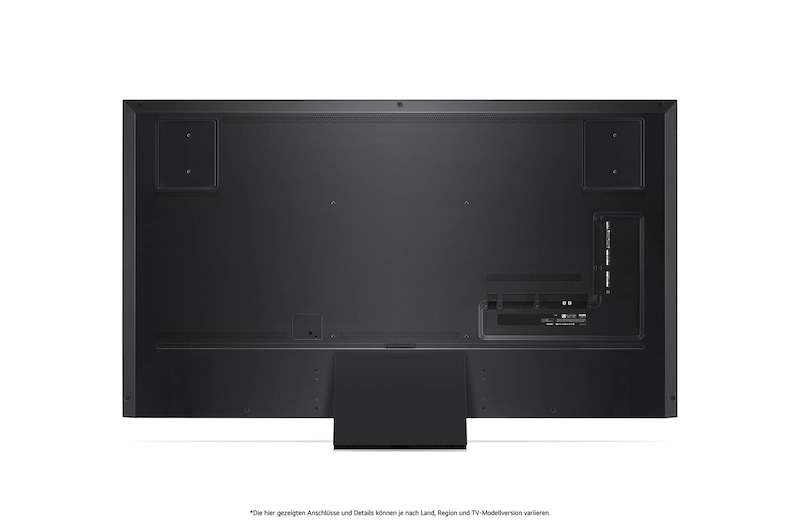 Rückansicht des LG QNED MiniLED AI QNED91 4K Smart Fernsehers, zeigt das Design der Rückseite, Anschlüsse und die zentrale Standfußverbindung.