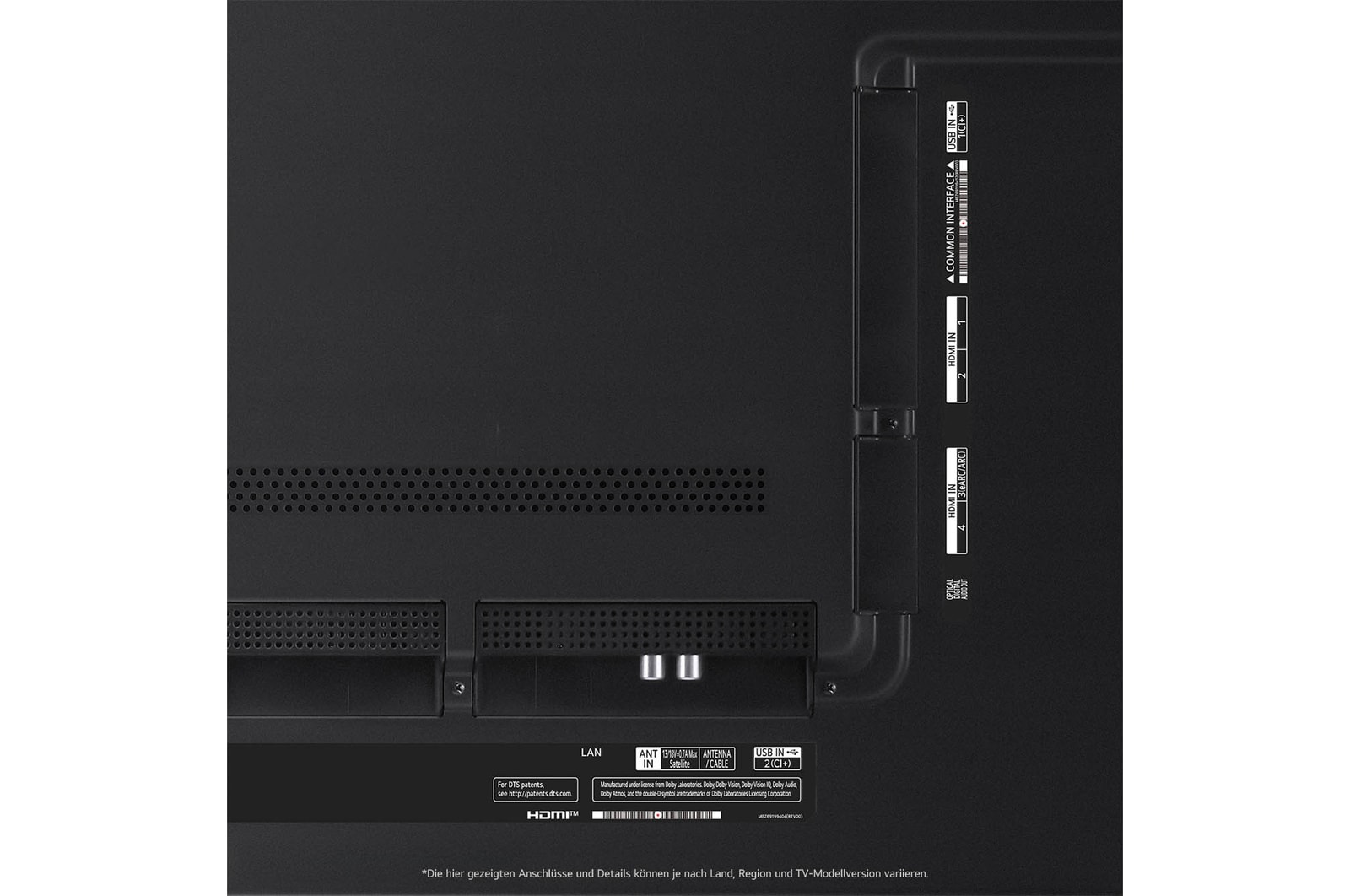 Nahaufnahme der Anschlüsse des LG QNED MiniLED AI QNED91 4K Smart Fernsehers, einschließlich Zugang zu HDMI, USB und Antenne.