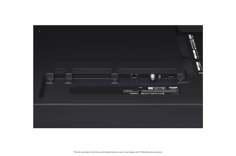 Nahaufnahme der nach unten gerichteten Anschlüsse (Optisch, LAN, Antenne) auf der Rückseite des LG QNED MiniLED AI QNED91 4K Smart Fernsehers.