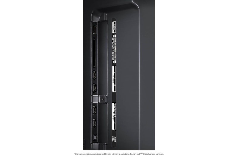Detaillierte Nahaufnahme der seitlichen Anschlüsse des LG QNED MiniLED AI QNED91 4K Smart Fernsehers, zeigt HDMI 1-4 und CI-Slot.