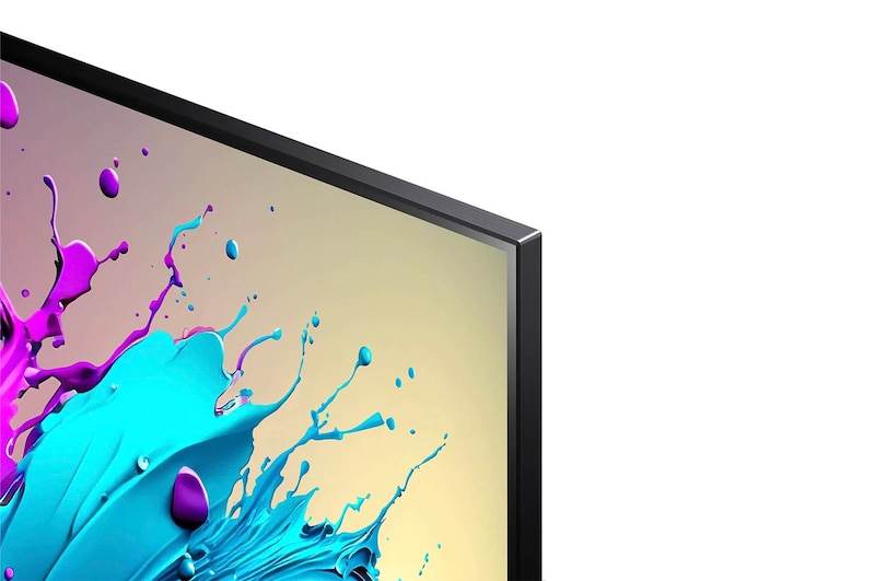 Nahaufnahme des schmalen Rahmens und des Designs der oberen rechten Ecke des LG QNED MiniLED AI QNED91 4K Smart Fernsehers.