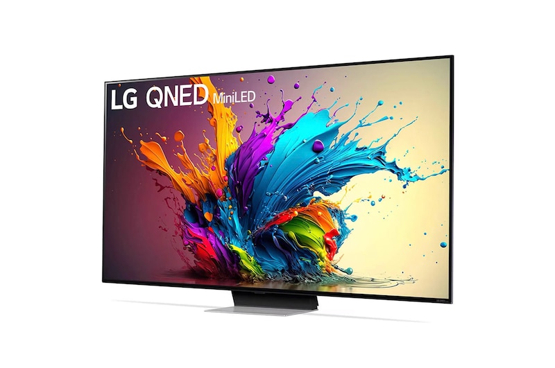 LG QNED MiniLED AI QNED91 4K Smart Fernseher aus einer leichten vorderen rechten Perspektive, zeigt Bildschirm und zentralen Standfuß.