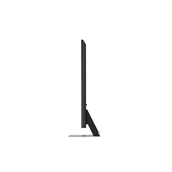 Linke Seitenprofilansicht des LG QNED MiniLED AI QNED91 4K Smart Fernsehers, die sein schlankes Design und die Form des zentralen Standfußes hervorhebt.