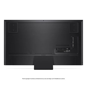 Rückansicht des LG QNED MiniLED AI QNED91 4K Smart Fernsehers, zeigt das Design der Rückseite, Anschlüsse und die zentrale Standfußverbindung.