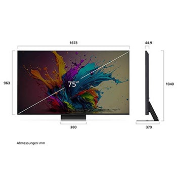 Diagramm mit Abmessungen (mm) für den 75 Zoll LG QNED MiniLED AI QNED91 4K Smart TV: B 1673, H 1027, T 370. Panel-Tiefe 44,9.