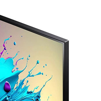 Nahaufnahme des schmalen Rahmens und des Designs der oberen rechten Ecke des LG QNED MiniLED AI QNED91 4K Smart Fernsehers.