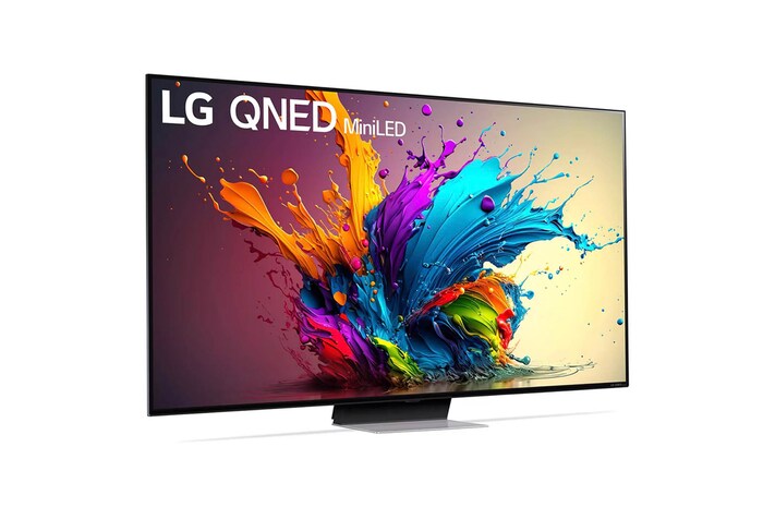 LG QNED MiniLED AI QNED91 4K Smart Fernseher aus einer vorderen linken Perspektive, zeigt Bildschirm und zentralen Standfuß.
