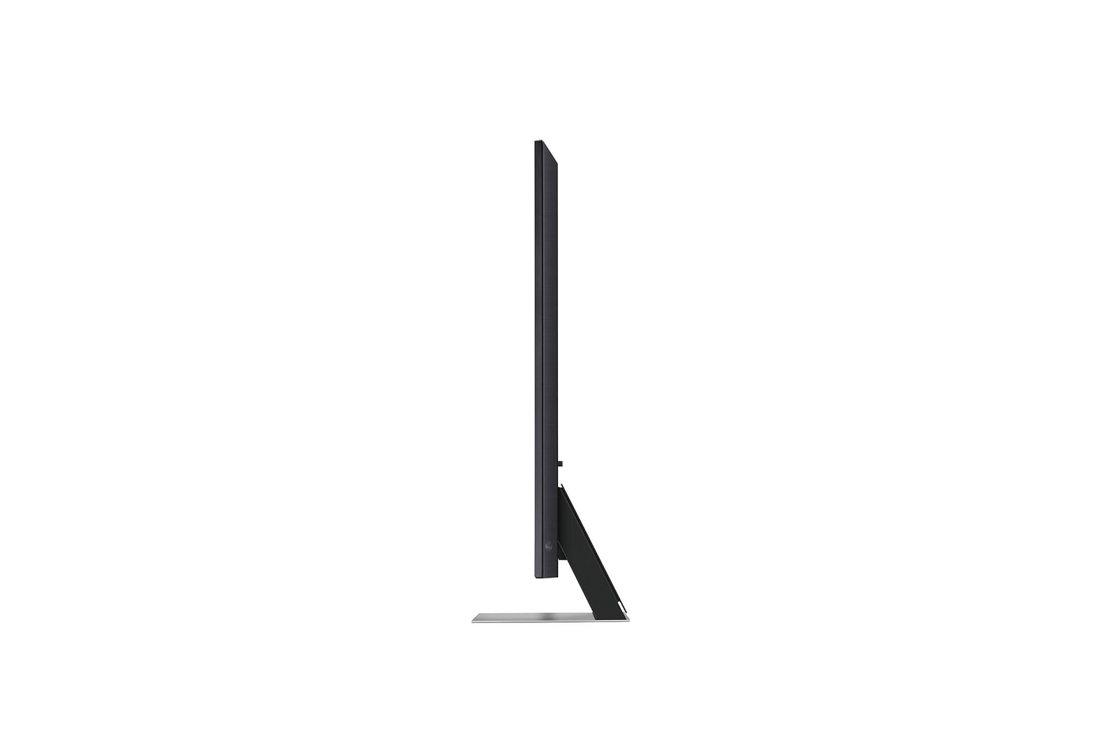 Linke Seitenprofilansicht des LG QNED MiniLED AI QNED91 4K Smart Fernsehers, die sein schlankes Design und die Form des zentralen Standfußes hervorhebt.