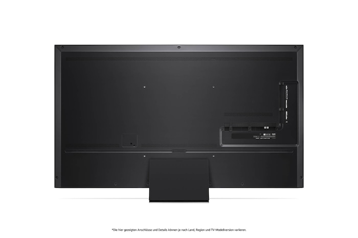 Rückansicht des LG QNED MiniLED AI QNED91 4K Smart Fernsehers, zeigt das Design der Rückseite, Anschlüsse und die zentrale Standfußverbindung.