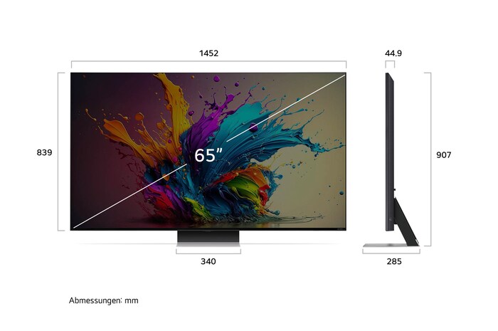Diagramm mit Abmessungen (mm) für den 65 Zoll LG QNED MiniLED AI QNED91 4K Smart TV: B 1452, H 904, T 285. Panel-Tiefe 44,9.