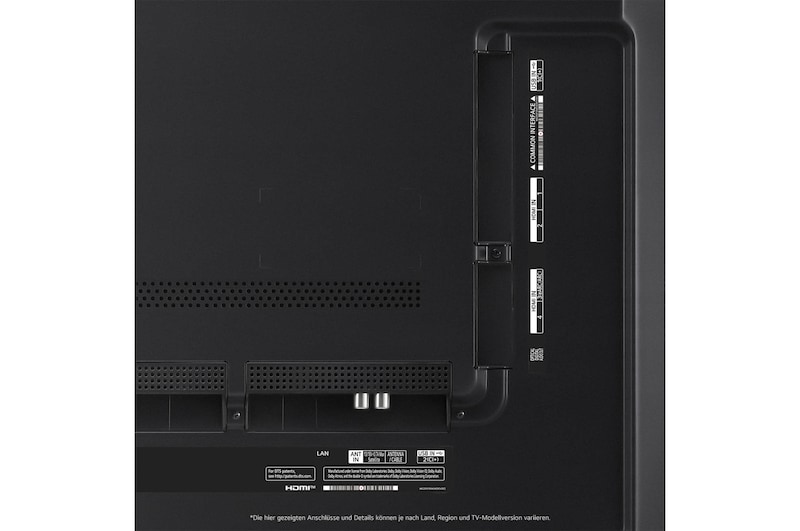 Nahaufnahme der Anschlüsse des LG QNED MiniLED AI QNED91 4K Smart Fernsehers, einschließlich Zugang zu HDMI, USB und Antenne.