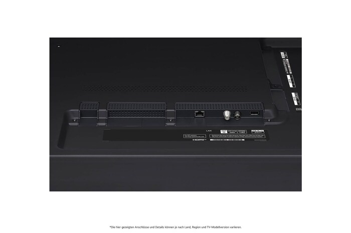 Nahaufnahme der nach unten gerichteten Anschlüsse (Optisch, LAN, Antenne) auf der Rückseite des LG QNED MiniLED AI QNED91 4K Smart Fernsehers.