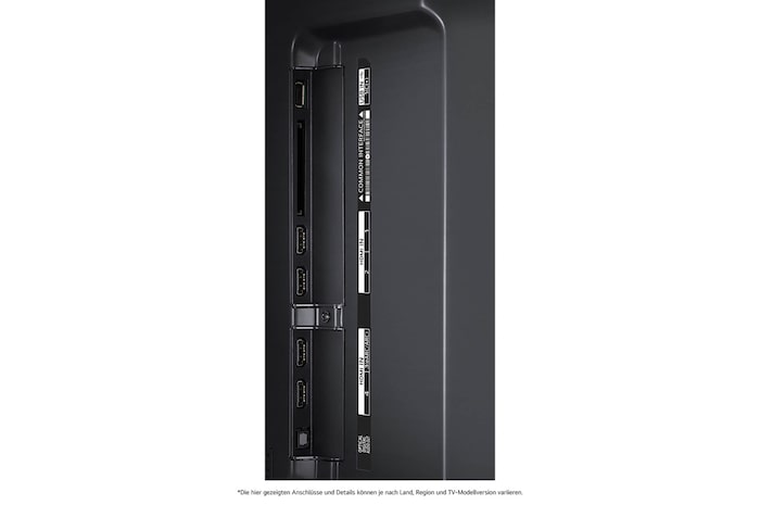 Detaillierte Nahaufnahme der seitlichen Anschlüsse des LG QNED MiniLED AI QNED91 4K Smart Fernsehers, zeigt HDMI 1-4 und CI-Slot.