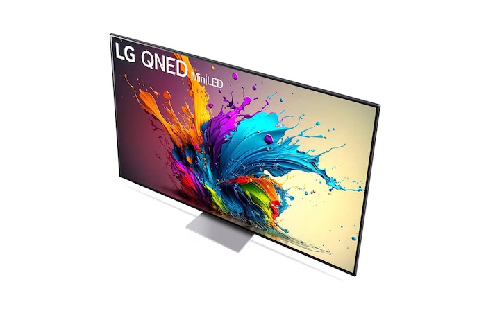 Ansicht des LG QNED MiniLED AI QNED91 4K Smart Fernsehers aus hoher Perspektive, von oben auf Bildschirm und zentralen Standfuß blickend.
