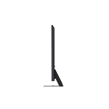 Linke Seitenprofilansicht des LG QNED MiniLED AI QNED91 4K Smart Fernsehers, die sein schlankes Design und die Form des zentralen Standfußes hervorhebt.