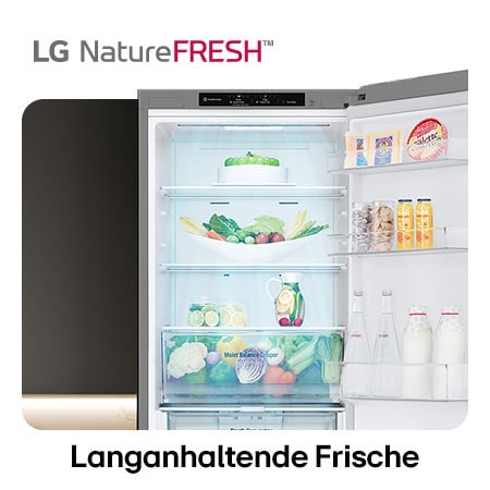 LG Kühl-Gefrierkombination GBV310TBPY zeigt NatureFRESH Innenraum mit gefülltem Moist Balance Crisper für langanhaltende Frische.