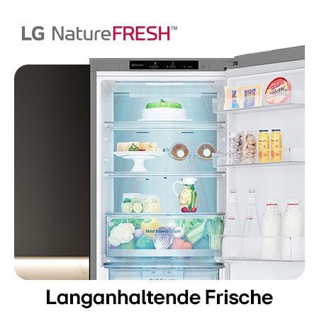 LG Kühl-Gefrierkombination GBV5140APY zeigt NatureFRESH Innenraum mit gefülltem Moist Balance Crisper für langanhaltende Frische.