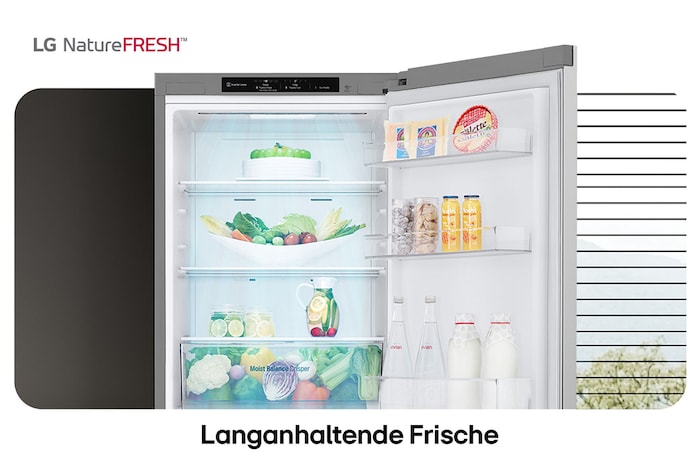 LG Kühl-Gefrierkombination GBV3100BPY zeigt NatureFRESH Innenraum mit gefülltem Moist Balance Crisper für langanhaltende Frische.