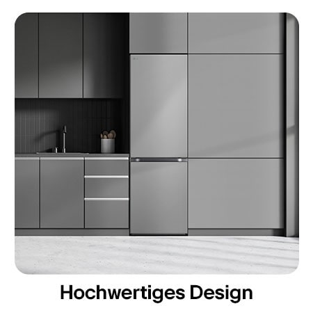 LG Kühl-Gefrierkombination GBV3100BPY in Prime Silver, zeigt das Modern Flat Door Design und die nahtlose Integration in die Küchenzeile.