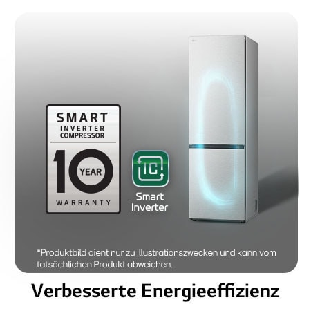 LG Kühl-Gefrierkombination GBV5140AMB mit Smart Inverter Kompressor Logo, zeigt die 10-Jahres-Garantie und verbesserte Energieeffizienz.
