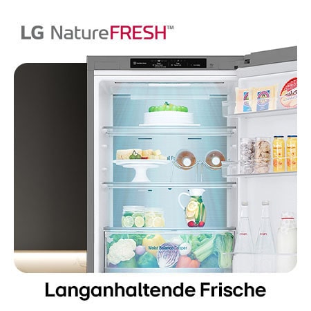LG Kühl-Gefrierkombination GBV5140AMB zeigt NatureFRESH Innenraum mit gefülltem Moist Balance Crisper für langanhaltende Frische.