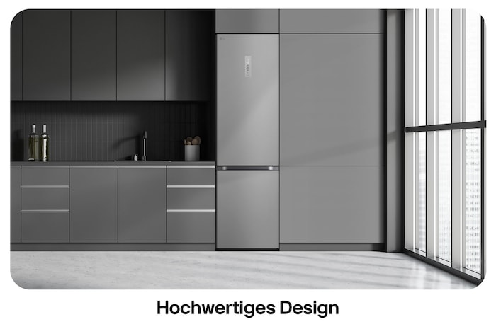 LG Kühl-Gefrierkombination GBV5250CPY in Prime Silver, zeigt das 203 cm hohe Flat Door Design und die nahtlose Integration in die moderne Küchenzeile.