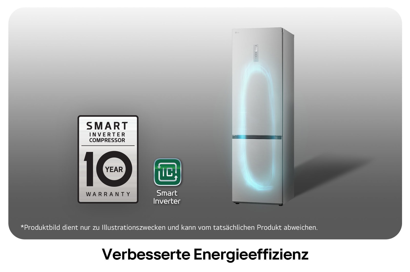 LG Kühl-Gefrierkombination GBV5250CPY mit Smart Inverter Kompressor Logo, zeigt die 10-Jahres-Garantie und verbesserte Energieeffizienz.