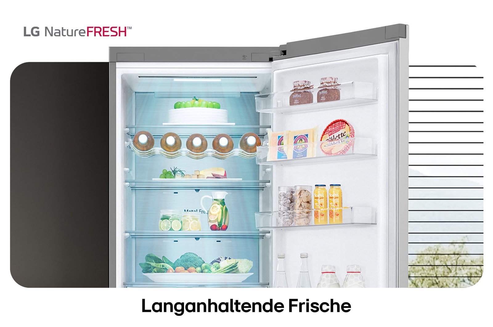 LG Kühl-Gefrierkombination GBV5250CPY zeigt NatureFRESH Innenraum mit Weinregal und vollem Frischefach für langanhaltende Frische.