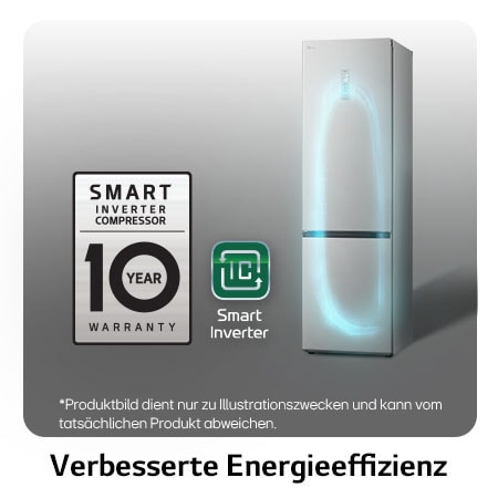 LG Kühl-Gefrierkombination GBV5250CPY mit Smart Inverter Kompressor Logo, zeigt die 10-Jahres-Garantie und verbesserte Energieeffizienz.