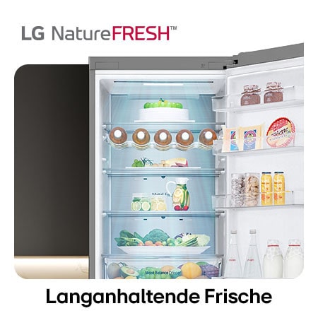 LG Kühl-Gefrierkombination GBV5250CPY zeigt NatureFRESH Innenraum mit Weinregal und vollem Frischefach für langanhaltende Frische.