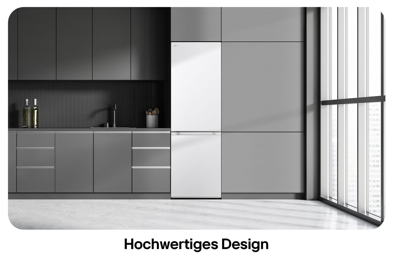 LG Kühl-Gefrierkombination GBV3100CSW in Weiß, zeigt das Modern Flat Door Design und die nahtlose Integration in die dunkelgraue Küchenzeile.